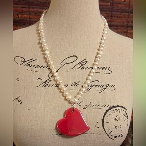Freshwater Pearl Necklace with Ceramic Red Heart Pendant